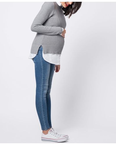 Seraphine Mock Shirt Cotton Mix Maternity And Nursing Sweater - Blue