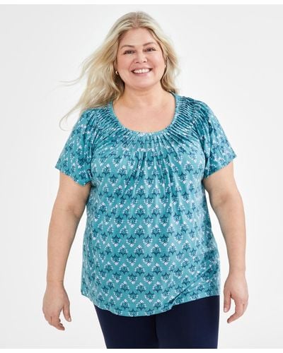 Style & Co. Plus Size Printed Pleat-neck Top - Blue