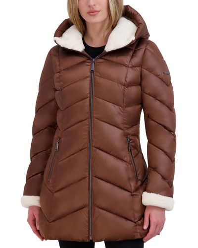 Laundry by Shelli Segal Shine Faux-fur-trim Hooded Puffer Coat - Brown