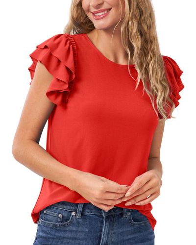 Cece Ruffled Flutter-sleeve Short Sleeve Knit Top - Red