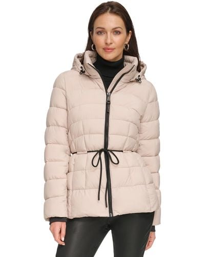 DKNY Rope Belted Hooded Puffer Coat - Natural