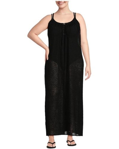 Lands' End Plus Size Rayon Poly Rib Scoop Neck Swim Cover-up Maxi Dress - Black