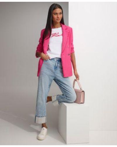 Karl Lagerfeld Tweed Blazer Floral Short Sleeve Graphic T Shirt Rhinestone Cuff Jeans - Pink