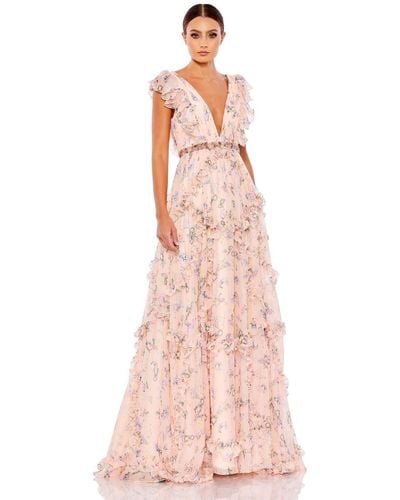 Mac Duggal Ieena Ruffled Floral Print Cap Sleeve Gown - Pink