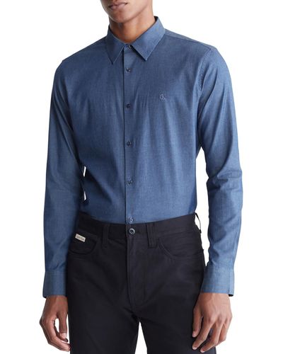 Calvin Klein Slim Fit Refined Chambray Long Sleeve Button-front Shirt - Blue