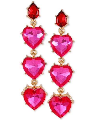 Guess Gold-tone Heart-shape Stone Linear Drop Earrings - Pink