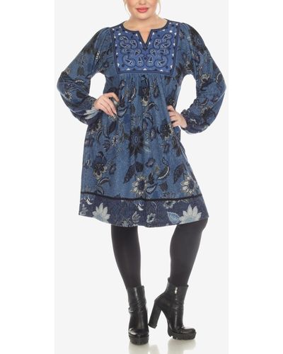 White Mark Plus Size Paisley Flower Embroidered Sweater Dress - Blue