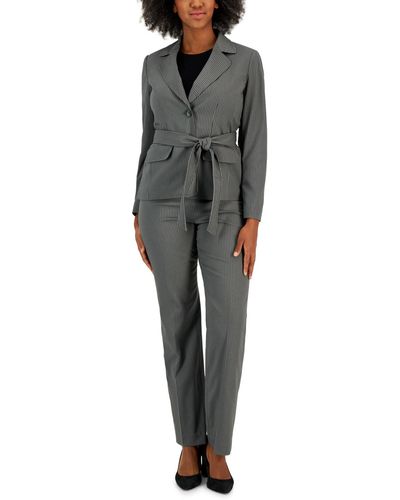 Le Suit Belted Pinstripe Blazer & Pants - Gray
