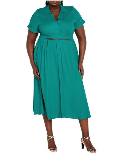 City Chic Plus Size Malia Collar Cut Out Shirt Dress - Green