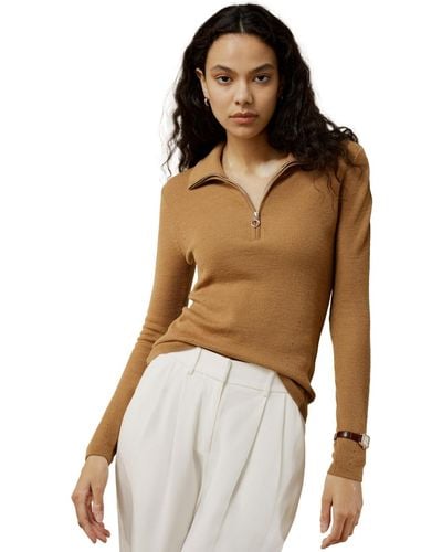 LILYSILK Gaia Ribbed Half Zip Ultra-fine Wool Sweater - Brown