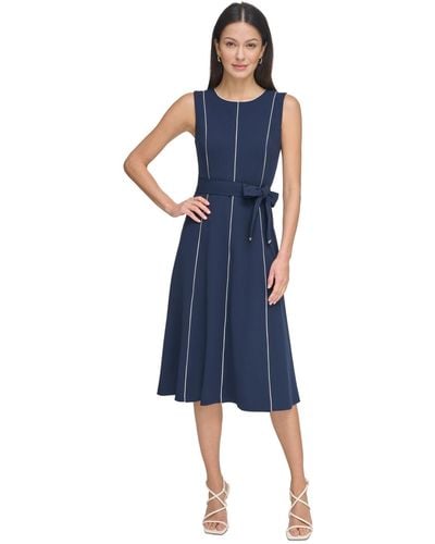 DKNY Tie-waist Sleeveless Gored Midi Dress - Blue