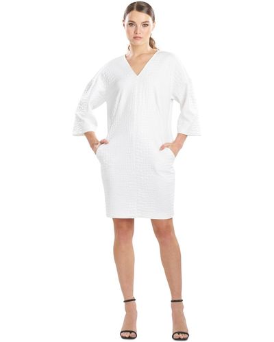 Natori Textured V-neck 3/4-sleeve Dress - White