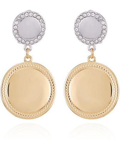 Tahari Two-tone Glass Stone Circle Coin Drop Clip On Earrings - White
