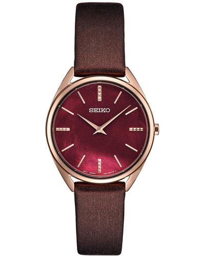 Seiko Essentials Brown Leather Strap Watch 32mm - Red