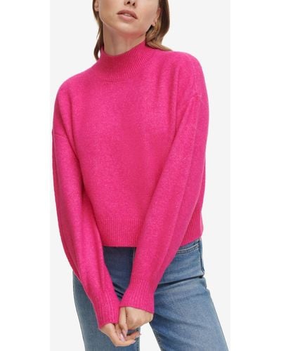 Calvin Klein Boxy Cropped Long Sleeve Mock Neck Sweater - Pink