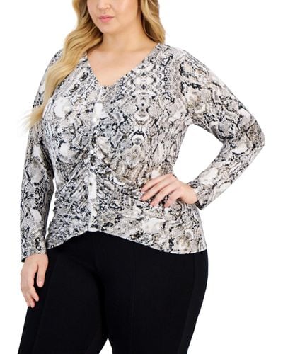 INC International Concepts Plus Size Printed Ruched Long-sleeve Top - Gray