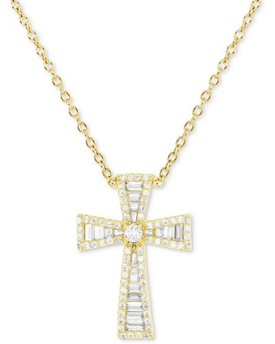 Macy's Cubic Zirconia Baguette & Round Cross 18" Pendant Necklace - Metallic