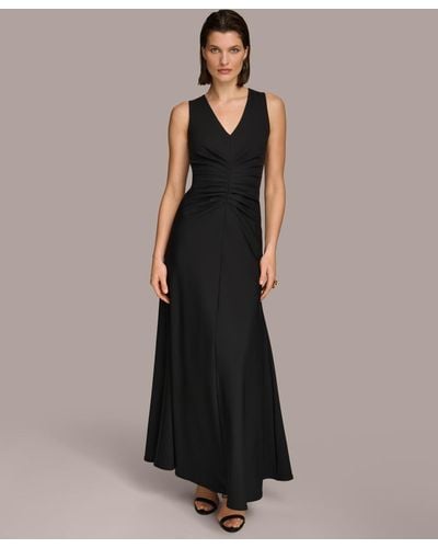 Donna Karan Ruched V-neck Gown - Black