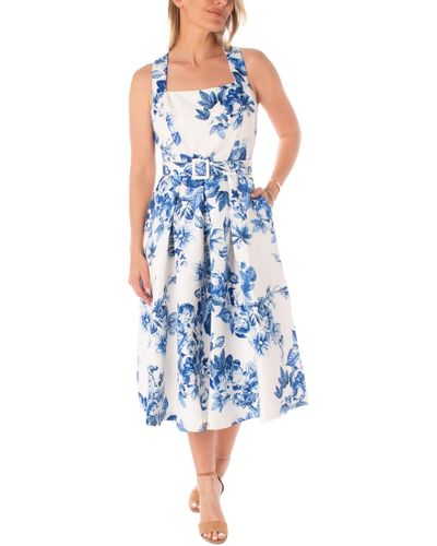 Maison Tara Belted Floral Jacquard Midi Dress - Blue