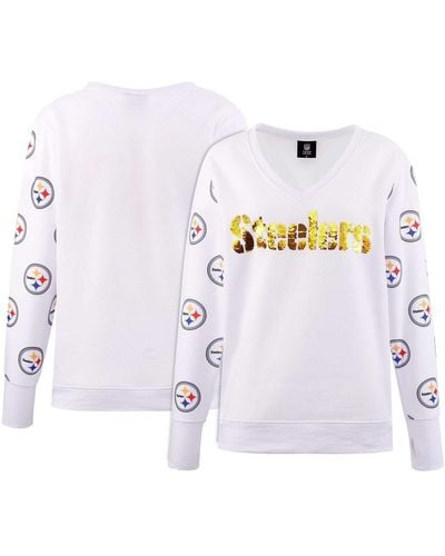 Cuce Pittsburgh Steelers Sequin Fleece V-neck T-shirt - White