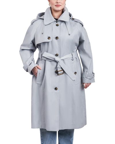 London Fog Plus Size Belted Hooded Water-resistant Trench Coat - Gray