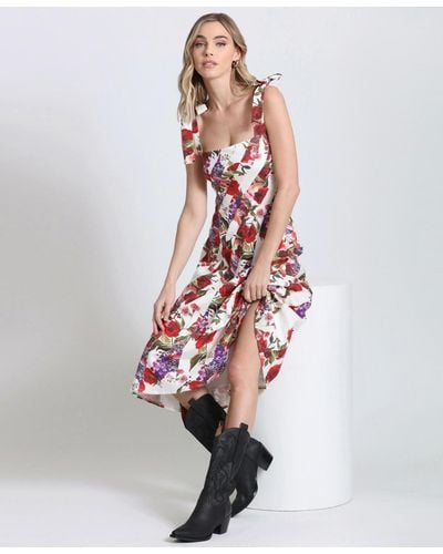 Avec Les Filles Linen-blend Floral-print Fit & Flare Dress - White