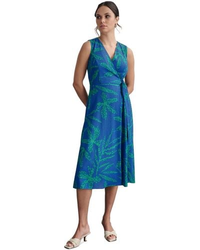 DKNY Printed Side-tie Sleeveless A-line Dress - Blue