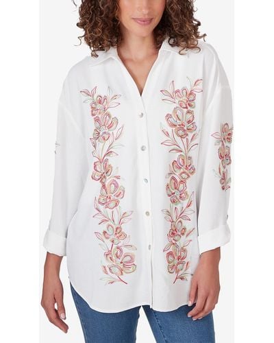 Ruby Rd. Petite Embroidered Crepe Button Front Top - White