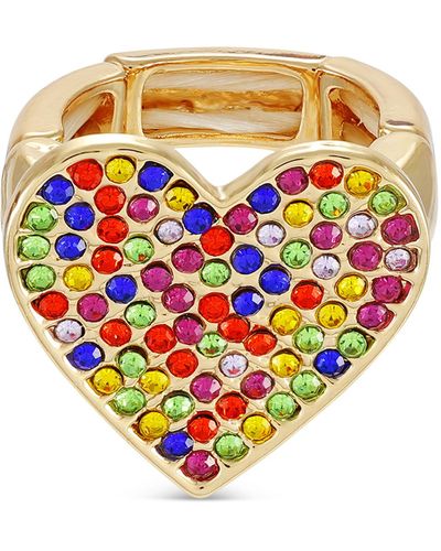 Guess Gold-tone Rainbow Pavé Heart Stretch Cocktail Ring - White