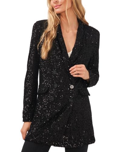 Cece Sequined Double Breasted Flap Pockets Long Blazer - Black