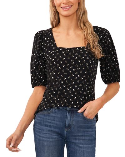 Cece Printed Square-neck Puff-sleeve Knit Top - Black