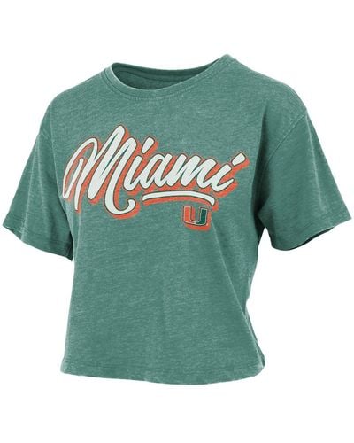 Pressbox Distressed Miami Hurricanes Team Script Harlow Vintage-like Waist Length T-shirt - Green