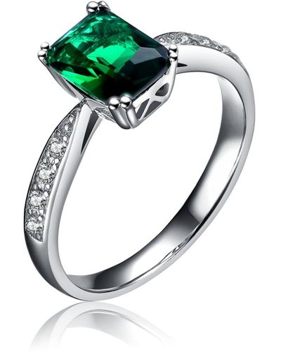 Genevive Jewelry Sterling Silver White Gold Plated Emerald Cubic Zirconia Eternity Rectangle Band Ring - Green