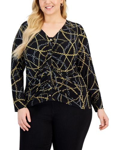 INC International Concepts Plus Size Printed Ruched-front Top - Black