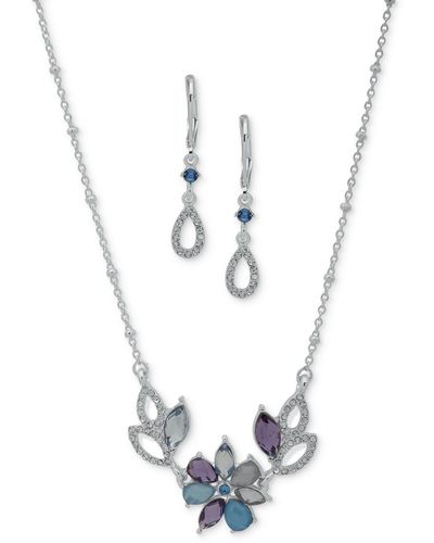 Anne Klein Silver-tone Multi Flower Necklace & Drop Earrings Set - White