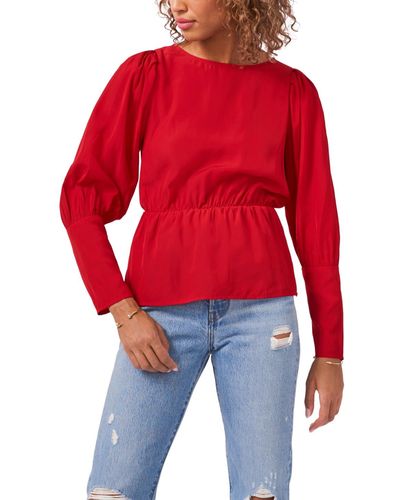 1.STATE Round Neck Long Puff Sleeve Peplum Top - Red