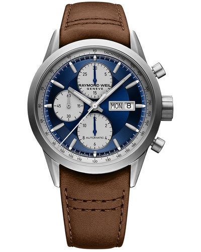 Raymond Weil Swiss Automatic Chronograph Freelancer Brown Calf Leather Strap Watch 42mm - Gray