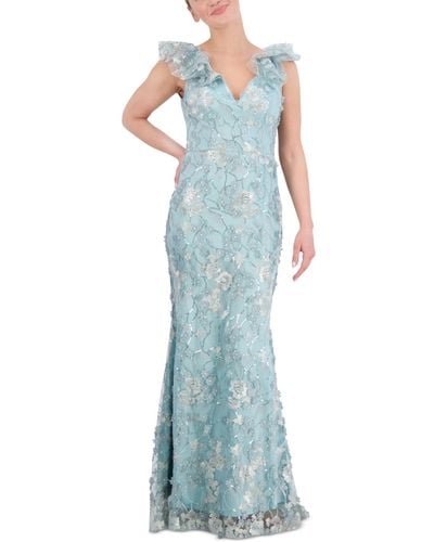 Eliza J V-neck 3d Flower Sleeveless Gown - Blue