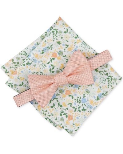 BarIII Wren Textured Bow Tie & Floral Pocket Square Set - White