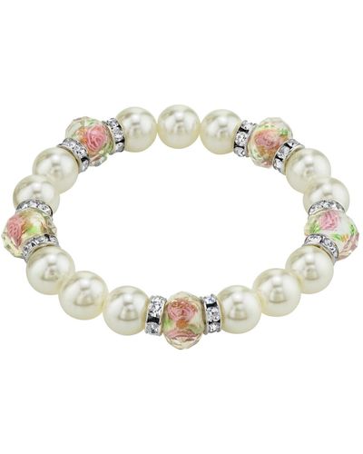 2028 Silver Tone Faux Pearl Pink Flower Beaded Stretch Bracelet - White