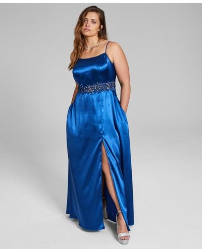 City Studios Trendy Plus Size Illusion-waist-applique Gown - Blue