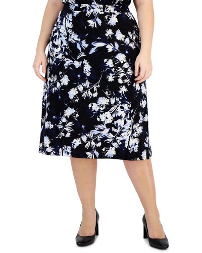 Kasper Plus Size Floral-print Pull-on Flared Midi Skirt - Black