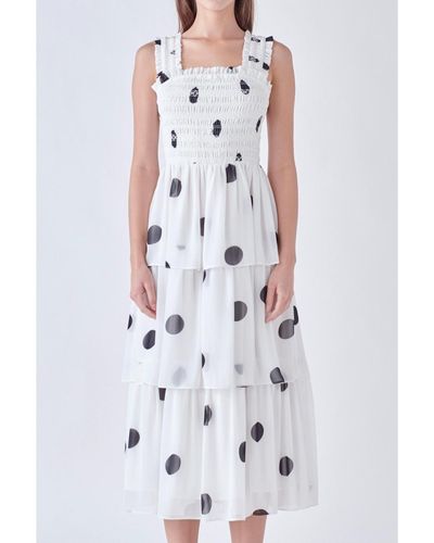 English Factory Polka Dot Midi Smocked Dress - White