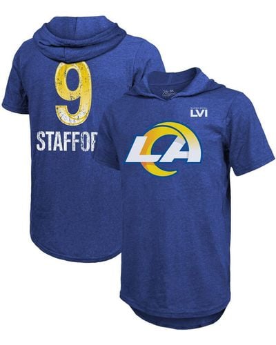 Majestic Threads Matthew Stafford Los Angeles Rams Super Bowl Lvi Name Number Short Sleeve Hoodie T-shirt - Blue