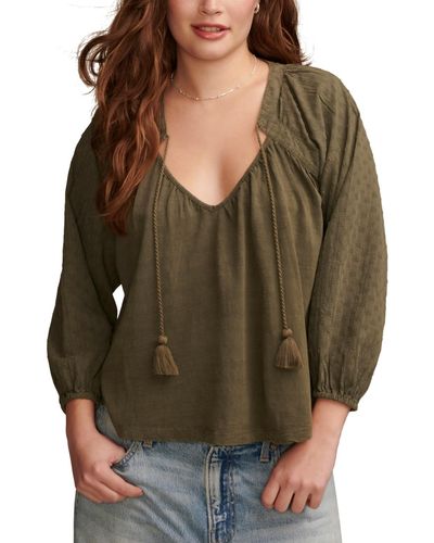 Lucky Brand Cotton Textured Peasant Blouse - Green