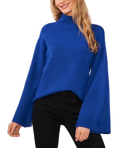 Cece Cozy Mock Neck Bell Sleeve Sweater - Blue