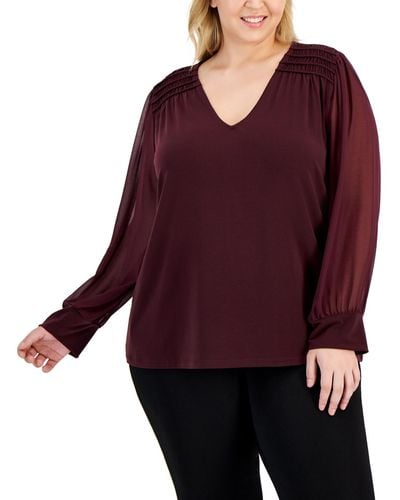 Calvin Klein Plus Size Pleated-shoulder Chiffon-sleeve Top - Purple