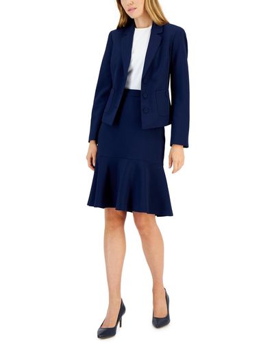 Le Suit Crepe Button-front Flounce Skirt Suit - Blue