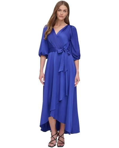 DKNY Faux-wrap Balloon-sleeve Belted Dress - Blue