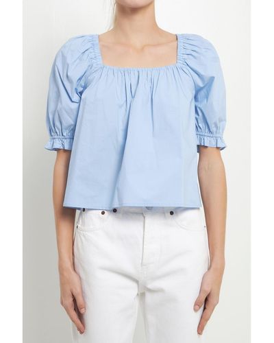 English Factory Square Neckline Puff Sleeve Top - Blue